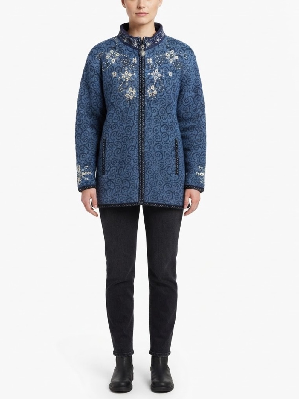 Icelandic Design Blue Wool Blend Embroidered Full Zip Cardigan Jacket Size L